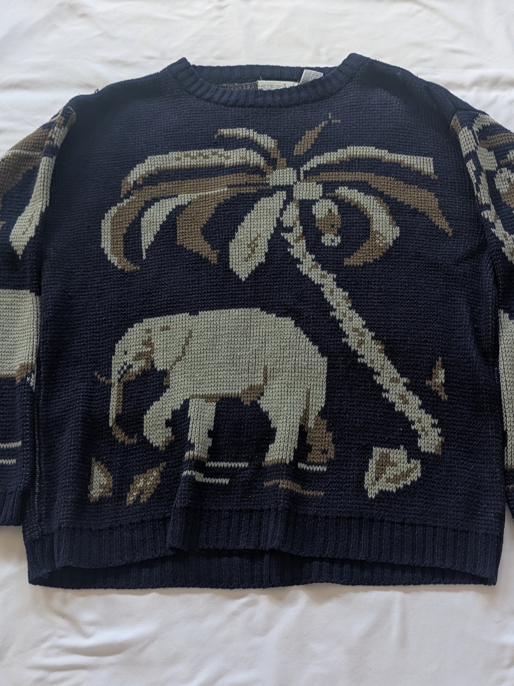 Vintage Elephant Palm Tree Safari Sweater Size M Eclectic Grandpa Retro